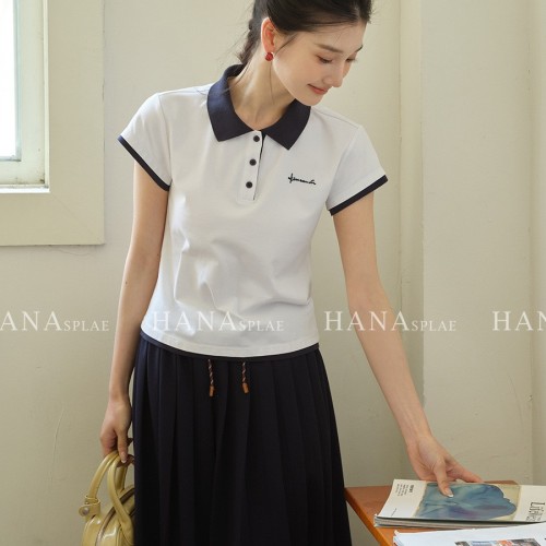 HANNA 含那miu系Polo正肩短袖t恤女款夏季新款撞色體恤上衣H17 680