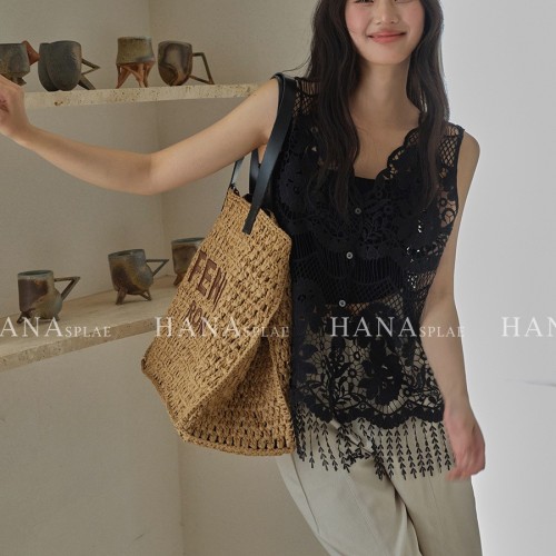 廣州十三行25夏季新款重工鏤空蕾絲鉤花無袖背心流蘇女上衣17632