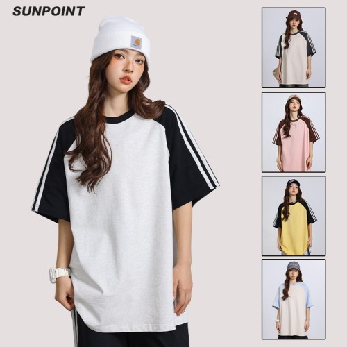 270g夏季新款插肩短袖T恤男女潮牌條紋拼接情侶oversize五分袖衫