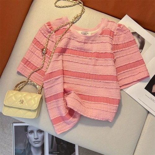 粉色條紋短袖T恤女夏季新款多巴胺穿搭洋氣減齡小個(gè)子短款上衣潮