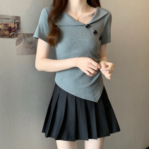 甜辣妹蝴蝶結(jié)翻領(lǐng)短袖T恤女夏季大碼胖mm修身顯瘦不規(guī)則褶皺上衣