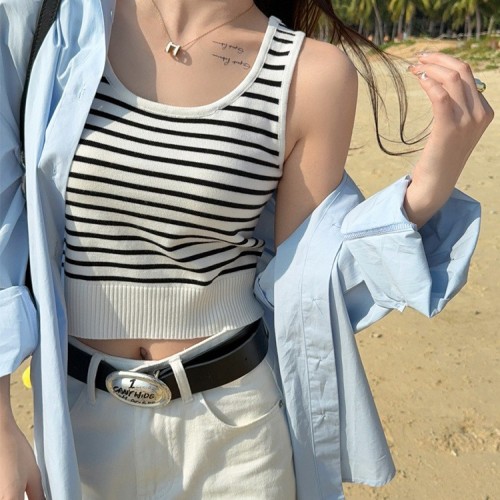 黑白條紋針織吊帶小背心2025春夏季新款女裝內搭外穿無袖 打底上衣