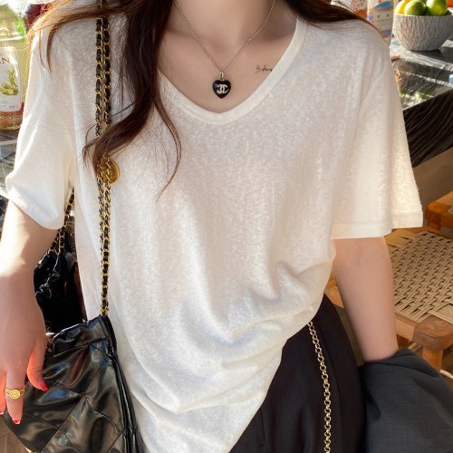 白色短袖t恤女v領2024夏季新款寬松顯瘦半袖上衣薄款