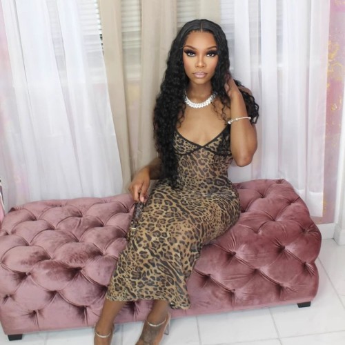 2025夏季歐美跨境性感吊帶連衣裙豹紋印花長款緊身款聚會派對禮服