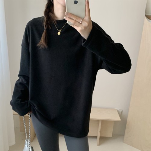 純色百搭搖粒絨打底2024秋冬新款簡約純色加絨加厚長袖上衣女