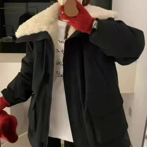 露思同款加厚內(nèi)里毛絨拼接派克服2024年冬季新款保暖外套女