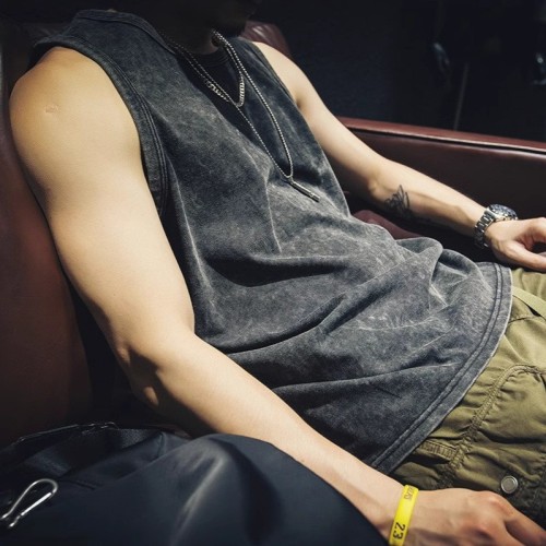 美式高街水洗做舊坎肩背心男潮牌潮流街頭ins寬松休閑運(yùn)動(dòng)無袖T恤