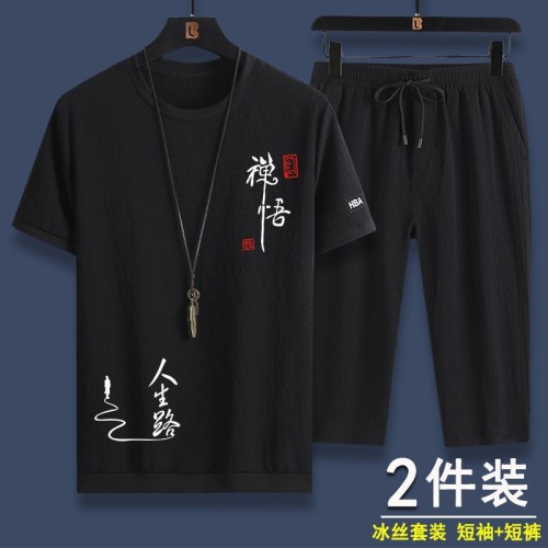 冰絲套裝男休閑運(yùn)動(dòng)套裝寬松大碼夏季潮流短袖七分褲時(shí)尚兩件套潮