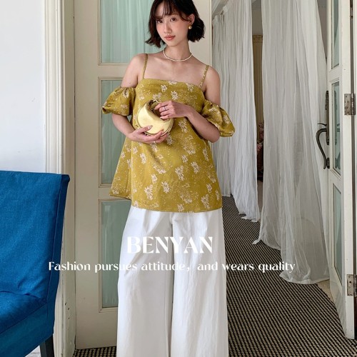 【BENYAN本言】十三行法式度假風(fēng)吊帶露肩上衣提花設(shè)計(jì)小衫81887