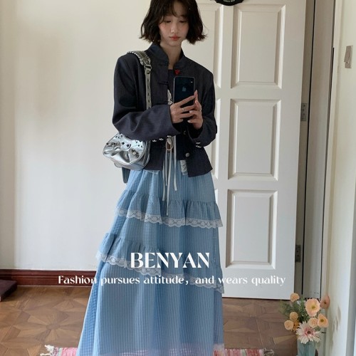 【BENYAN本言】十三行法式蕾絲拼接蛋糕裙a字高腰半身裙81839優(yōu)雅