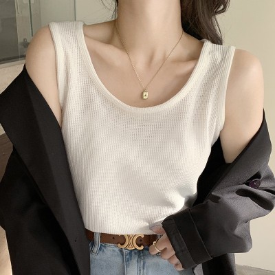 H309白色吊帶背心女士夏寬松黑色內搭打底外穿華夫格無袖百搭上衣