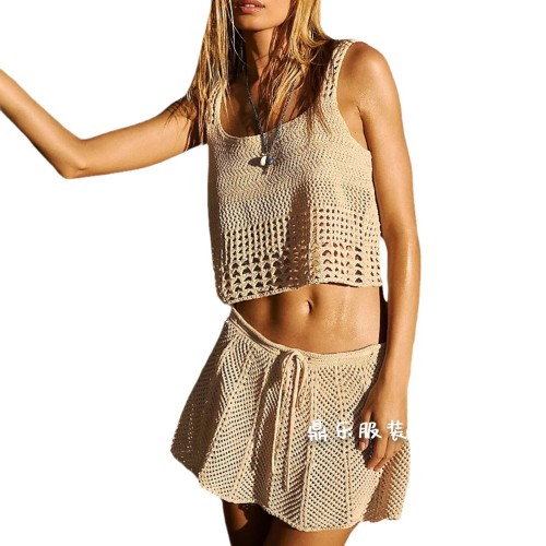 2025新款夏季跨境獨立站速賣通熱賣海邊度假無袖縷空針織女式套裝