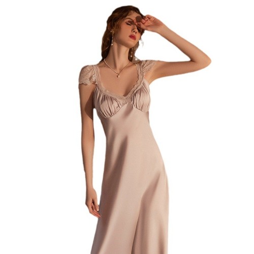 夏季新品薄款冰絲睡裙女 純欲高級感可外穿短袖睡衣長裙廠家批發